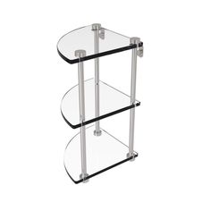 three tiered glass shelf with metal legs on each side and two shelves below it