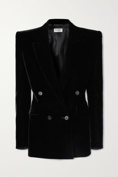 SAINT LAURENT reimagines the iconic 'Le Smoking' jacket each season. This version from the Fall '23 collection is tailored from plush velvet and detailed with broad, padded shoulders that accentuate its powerful silhouette. Wear it unbuttoned for a more relaxed take. Black Double Breasted Blazer, Saint Laurent Blazer, Fall 23, Cocktail Formal, Custom Made Clothing, Fantasy Gowns, Velvet Blazer, Velvet Jacket, Printable Poster