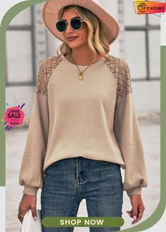 Khaki Lace Shoulder Patch Waffle Knit Long Sleeve Top Puff Long Sleeve Top, Tops Manga Larga, Waffle Knit Long Sleeve, Fishnet Top, Top With Long Sleeves, Puff Long Sleeves, Loose Pullover, Waffle Knit Top, Sleeves Clothing