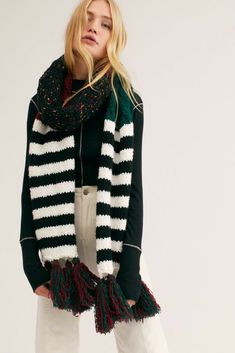 New  Free People  Nova Tassel Scarf  100% Acrylic  $68 Measures 98 inches long with tassels. 11 inches wide Warm up with this oversized long scarf featured in a mixed knit design with striped details and fringe tassels on the ends. Ribbed knit plush design American Flag Scarf, Cowl Neck Scarf, Free People Accessories, Chunky Scarves, Sweater Scarf, Tassel Scarf, Oversized Scarf, Knit Infinity Scarf, Striped Scarves