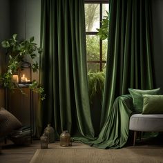 a living room with green drapes and pillows on the couch, next to a window