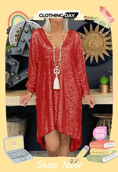 Dazzling Sequins Extra Loose Long Sleeve Trendy Dress for Women Casual Sequin Party Dress, Festive Winter V-neck Dresses, Festive V-neck Mini Dress For Party Season, Festive V-neck Mini Dress, Holiday V-neck Mini Dress For Fall, Glamorous V-neck Mini Dress For Holiday, Fall Holiday V-neck Mini Dress, Fall Holiday V-neck Dress, V-neck Sequin Dress For Christmas