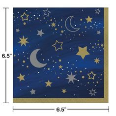 a blue background with gold stars and crescents on it, as well as the measurements for