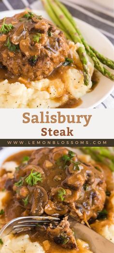 steak and gravy on top of mashed potatoes with green asparagus