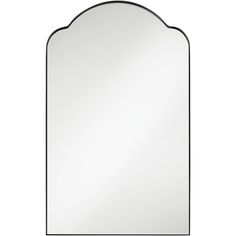 a white mirror with an arched frame and black trim on the bottom, against a white background