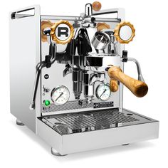 an espresso machine with wooden handles and gauges