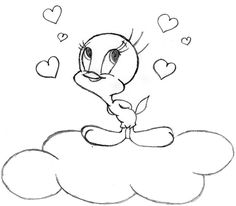 a cartoon bird sitting on top of a cloud with hearts floating around it's head