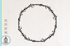 the outline of a wreath of branches is shown in front of a white background with blue border