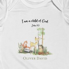 Baby woodland animals with the scripture "I am a child of God." John 1:12. This onesie makes a wonderful unique Christian baby shower gift! Baby clothing needs to be both durable and soft. With the infant fine jersey bodysuit, youths get just that. The fabric is 100% cotton for super comfort for baby. There are seams along the sides of this product. All bindings are made with ribbed knitting for improved durability. There are plastic snaps at the cross closure for easy changing access. Can be pe Baby Woodland Animals, John 1 12, Christian Baby Shower, Personalized Baby Onesie, Christian Graphics, Personalized Baby Onesies, A Child Of God, Child Of God, Woodland Baby