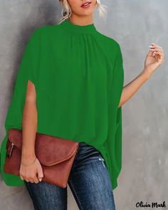 Color: green, Size: M Dolman Sleeve Shirt, Blouse Zara, Batwing Sleeve Top, Batwing Sleeve Blouse, Harajuku Women, Round Neck Shirt, Mini Robes, Elegant Blouses, Loose Outfit