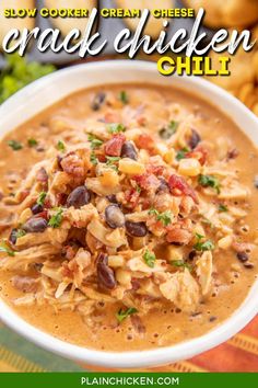 Slow Cooker Cream Cheese Crack Chicken Chili - this stuff is AMAZING! We've made it 3 times this month! We can't get enough of it!!! Chicken, corn, black beans, chicken broth, diced tomatoes and green chiles, cumin, chili powder, onion, ranch seasoning, bacon and cheddar cheese. We served the chili with some cornbread and Fritos. PERFECT! This is already on the menu again this weekend! YUM! #crockpot #slowcooker #chicken #chili Chicken Cooker, Chicken Corn, Green Chiles, Crockpot Dishes, Ranch Seasoning, Crock Pot Slow Cooker, Think Food, Crockpot Recipes Slow Cooker, Crock Pot Cooking