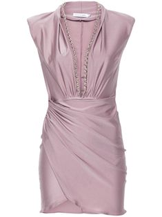 powder purple stretch-jersey chain-link detailing to the neck plunging V-neck shoulder pads sleeveless side ruched detailing unlined straight hem thigh-length Evening Mini Dress With Ruched Sides, Elegant Draped Mini Dress With Ruched Sides, V-neck Mini Dress For Evening Events, Elegant V-neck Mini Dress In Elastane, Glamorous Dresses With Ruched Sides, Elegant Mini Dress With Ruched Sides For Night Out, Evening Draped Mini Dress In Elastane, Elegant Cocktail Mini Dress With Ruched Sides, Elegant Mini Dress With Ruched Sides