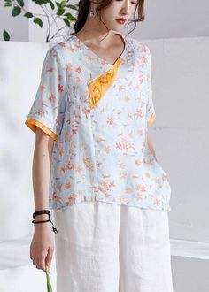 Modern Orange V-neck Patchwork Print Summer Ramie Top Spring V-neck Patchwork Blouse, Spring V-neck Patchwork Tops, Spring Patchwork V-neck Tops, Patchwork Print, Top Fabric, Custom Made, Tunic Tops, Cover Up, Loose Fitting