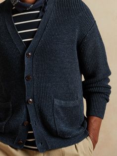 Effortless layering, this luxurious cardigan was knitted from luxuriously soft, durable linen with great color depth, ensuring beautiful dimension throughout the seasons.  RELAXED FIT: Almost oversized, this style is cut with extra room.  V-neck.  Bu Linen Cardigan, Color Depth, Extra Room, The Seasons, Oversized Fits, Banana Republic, Layering, Men Sweater, Relaxed Fit