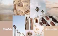 a collage of photos with palm trees, sunglasses and the words relax on it