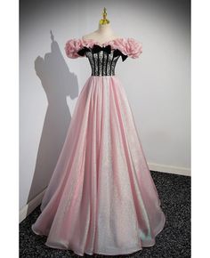 Get 10% off now! Buy off shoulder ruffle corset long cute pink prom dress with black lace top at cheap price online. Free stable shipping and pro custom service since 2009. Black And Hot Pink Dress, Pink Black Weddings, Ruffle Corset, Green Wedding Dresses, Black Ball Gown, Black And Pink Dress, Outfit Options, High Low Prom Dresses, Prom Dresses Yellow