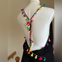 Black Swim Cover Up Romper. Low Cut Back & Tie In Back Multi Color Tassel & Beads Cascading In The Back,. Festive, Trim Cami. Bikini Cover. Up. Elastic Waist With Tie Bikini Nwt Sz M Measurements 28 Inches Adjustable Beaded Tassel Necklace For Party, Multicolor Round Beaded Tassel Necklace For Beach, Multicolor Tassel Necklace With Round Beads For Beach, Multicolor Round Beads Tassel Necklace For Beach, Bohemian Black Beaded Necklaces For Summer, Adjustable Multicolor Beaded Tassel Necklace, Summer Bohemian Beaded Necklaces For Party, Beaded Tassel Necklace For The Beach, Summer Bohemian Beaded Tassel Necklace