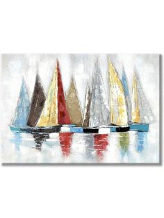 colorful sailboats floating in the water on a cloudy day canvas wall art print, ready to hang