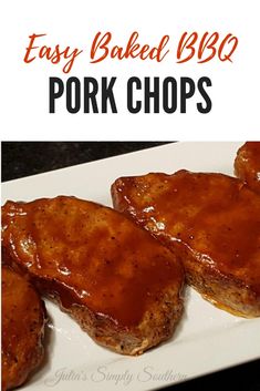 bbq pork chops on a white plate covered in gravy