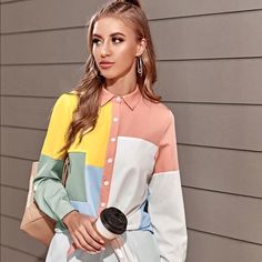 Color Block Long Lined Button Up Shirt. Never Worn Color Block Shirts, Blouse Price, Button Up Blouse, Shein Tops, Long Blouse, Fall Shirts, Ethnic Fashion, Daily Fashion, Shirt Color