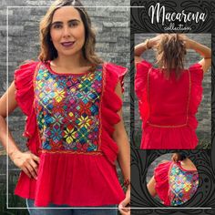 Beautiful Blouse, made with 100% cotton blanket, dyed in bright colors. The ruffles that distinguish this blouse are made by hand, by artisans from Chiapas. Beautiful blouse, you can use it with jeans, leggings, skirts, it is a very elegant blouse and has a beautiful and fine embroidery About Our Items: Each one of our items are handmade/hand woven by Indigenous communities of Chiapas and Oaxaca in Mexico. Great care has been taken to ensure the quality of uniqueness of each item we sell.  Our i Bohemian Tops With Motifs For Festive Occasions, Festive Bohemian Tops With Motifs, Embroidered Summer Festive Shirt, Summer Festive Embroidered Shirt, Traditional Cotton Festival Shirt, Summer Folk Style Cotton Shirt, Bohemian Shirt With Multicolor Embroidery, Red Tops With Motifs For Festivals, Embroidered Cotton Shirt For Festival