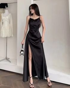 Satin Dress With Side Slits, Black Satin Maxi Dress For Banquet, Spaghetti Strap Maxi Dress With Side Slits For Evening, Formal Dresses With Spaghetti Straps And Side Slits, Satin Maxi Dress With Side Slits And Spaghetti Straps, Black Spaghetti Strap Dress For Banquet, Elegant Black Dress With Split Hem, Formal Floor-length Slip Dress With Side Slits, Evening Dress With Spaghetti Straps And Split Design