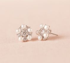 "I've made these beautiful stud earrings using crystal and tiny freshwater pearls. Romantic and elegant. Pearls are a very light ivory - winter white color. Diameter of earrings just under 1/2\" Surgical steel posts Please message me with any questions! Thank you for looking Sue x" Rose Gold Wedding Earrings, Bridesmaid Earrings Studs, Bridal Earrings Rose Gold, Gold Wedding Earrings, Crystal Wedding Necklace, Rose Gold Earrings Wedding, Pearl Wedding Earrings, Long Bridal Earrings, Rose Gold Bridal Earrings