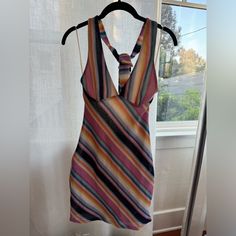 Never Been Worn Brand New! Cover Up Or Cute Mini Dress Casual Multicolor Stretch Mini Dress, Casual Stretch Multicolor Mini Dress, Striped Bodycon Beach Dress, Striped Bodycon Dress For The Beach, Pink Knit V-neck Dress, Stretch Multicolor Mini Dress For Day Out, Striped Knit Beach Dresses, Fitted Multicolor Casual Mini Dress, Striped Knit Dresses For The Beach