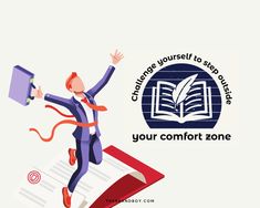 a person jumping up into the air with an open book in front of them and text that reads change yourself to start reading your comfort zone