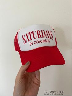 Saturdays In Columbus Trucker Hat CHOOSE ANY CITY!! Columbus is just used as an example! Choose your hat color, text color and city for a fully customized hat to represent your favorite team! If you have any questions or would like a digital mock up of the colors before ordering, please do not hesitate to send us a message.  All trucker hats are MADE TO ORDER - current TAT is 2-3 business days. Flat Brim Trucker Hat For Fan Gear, Red Trucker Hat With Letter Print And Flat Brim, Retro Trucker Hat For Sports Events With Flat Brim, Retro Game Day Cap, Retro Cap For Game Day, Retro Flat Brim Trucker Hat For Sports Events, Retro Trucker Hat With Letter Print, Retro Snapback Hats For Game Day, Summer Hats With Letter Print And Flat Bill