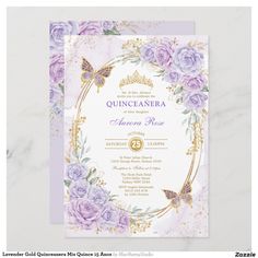 an elegant purple and gold quinceaueria wedding card with flowers on it,