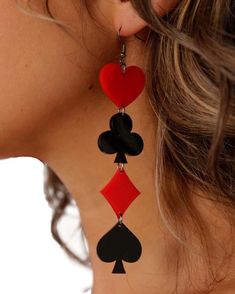 "These cute suite earrings are perfect for any queen of hearts or a night out in Vegas! House of Cards Earrings - Lightweight earrings for music festivals, raves & more! - Features all 4 suites in red and black - Exclusive design by OSR - Designed, handmade & laser cut in Las Vegas, NV - Stainless steel ear wire & jump ring - Rubber earring back included - 4\" X 1\" acrylic charms" Queen Of Hearts Rave, Night Out In Vegas, Vegas House, Earrings Card, Rave Jewelry, Vegas Hair, Noir Design, Rave Accessories, Sin City