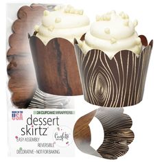 two chocolate cupcakes with white frosting and wood decoration on the top one is for dessert skirtz