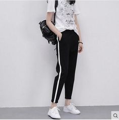 Track Pants Outfit Women, Outfit Black And White, Striped Harem Pants, School Uniform Pants, Track Pants Outfit, Sports Pants Women, Women Trousers, Harem Pants Women, Loose Trousers