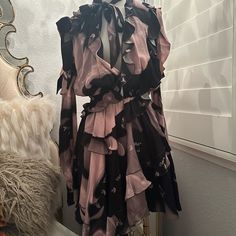 Nwt Will Accept Reasonable Offers V-Neck Long Puff Sleeves With Flared Cuffs Wrap Front Shoulder Cutouts Ruffle Trim Elasticized Waist Viscose/Polyester Trim: Polyester Dry Clean Made In Italy White Ruffle Dress, Long Puff Sleeves, Ruffle Trim, Ruffle Dress, Black Cream, Puff Sleeves, Red Carpet, Puff Sleeve, White And Black