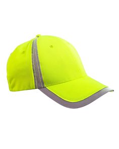 an image of a neon yellow baseball cap with reflective stripes on the front and sides