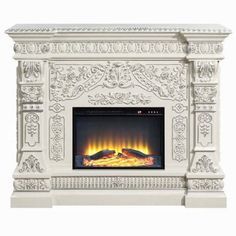 a white fireplace with flames in it