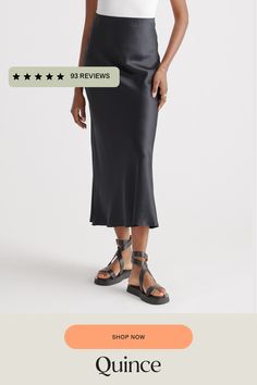 Elevate your wardrobe with our gorgeously drapey 100% Washable Silk Maxi Skirt, a stunning piece that looks effortless but feels incredibly comfortable. Crafted from best-in-class mulberry silk, this luxurious skirt has the same timeless silhouette as our beloved 100% Washable Silk Skirt, just in a longer maxi length. This must-have style is practical too: you can wash it, and the 100% silk fibers naturally nourish your skin and hair.  | Quince | Women's Maxi Skirt in Black, Size Large, Silk Hair Quince, Silk Tee, Silk Maxi Skirt, Boyfriend Cardigan, Natural Textiles, Womens Maxi Skirts, Silk Maxi, Fabric Structure, Silk Tank