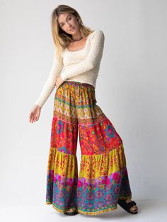 Patti Palazzo Pant - Red Mustard Border Colorful Flowy Pants, Natural Life Clothing, Natural Life Outfits, Art Teacher Aesthetic Outfits, Boho Teacher Outfit, Floral Maxi Skirt Outfit, Flowy Pants Outfit, Boho Bottoms, Style Roots