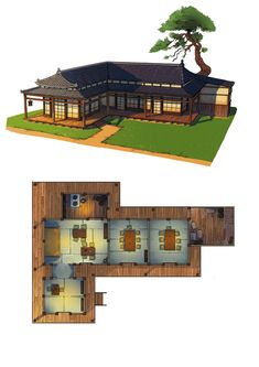 the floor plan and elevation view of a japanese style house with an open living area