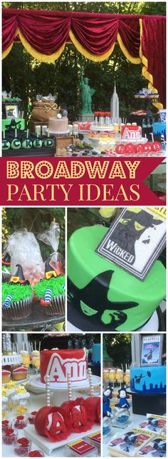 this is a collage of photos with the words broadway party ideas