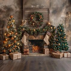 a fireplace decorated with christmas trees and presents