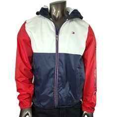 -Tommy Hilfiger Hoodie Windbreaker - Wind And Water Resistant - Full Zipper, Hip Pockets With Zipper & Tail Adjustable String - Color: Red, White & Blue ( Color Blocked) - Material: 100% Polyester - Style # 152sn416 - Available In: M , L Casual Winter Windbreaker With Color Block, Casual Color Block Windbreaker For Winter, Casual Color Block Winter Windbreaker, Casual Hooded Tommy Hilfiger Windbreaker, Tommy Hilfiger Casual Hooded Windbreaker, Hooded Color Block Windbreaker For Winter, Hooded Red Tommy Hilfiger Outerwear, Sporty Blue Tommy Hilfiger Outerwear, Tommy Hilfiger Hooded Windbreaker For Winter