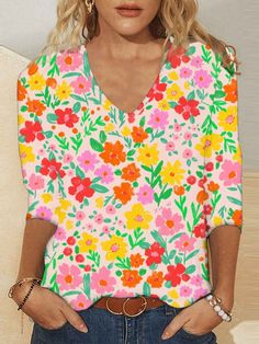 Womens Retro Vintage Floral T-Shirts Light Weight V-Neck Long Sleeve Country Little Floral Tops S-5XL Multicolor Floral Print V-neck T-shirt, Casual Summer V-neck Top With Floral Print, Casual Short Sleeve V-neck Top With Floral Print, Casual Floral Print Short Sleeve V-neck Top, Pink Printed V-neck T-shirt, Casual V-neck Blouse With Graphic Print, Multicolor V-neck Top For Spring, Women's Spring Outfits, Cheap Clothing