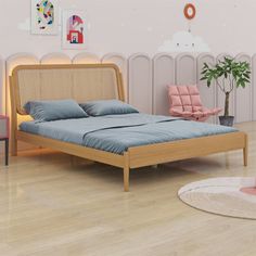 a bed sitting in the middle of a bedroom next to a pink chair and potted plant