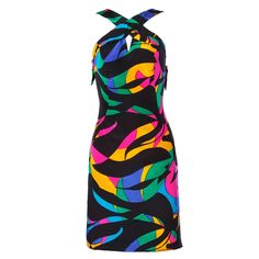 Gorgeous colorful printed silk sheath dress by Michael Novarese. Halter neckline with keyhole detail. Fully lined in silk with hand sewn couture stitching. Bows at the back of the straps. Details: Fully lined Back Zip Closure Colors: Multicolor Print on Black Estimated Size: Small-Medium Label: Michael Novarese Measurements: Bust: 34-36" Waist: 28" Hips: 36" Total Length: 34" Back Slit: 6" Black 80s Fashion, Halter Dress Vintage, Keyhole Halter Dress, Vintage Black Cocktail Dress, Vintage Halter Top, Vintage Halter Dress, Silk Sheath Dress, Silk Halter Dress, Halter Cocktail Dress