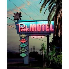 a neon sign that says pink motel in front of palm trees and the sky behind it