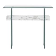 a white marble and glass console table with two shelves on each side, against a white background