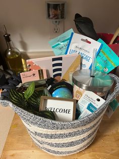 a basket filled with personal care items on top of a wooden table