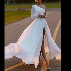 Split Thigh Solid Dress, Elegant Contrast Mesh Long Sleeve Maxi Wedding Or Any Party Dress. Jeweled Wedding Dress, High Waist Maxi Dress, Dresses Occasion, Character Clothing, Maxi Dress Outfit, Dress Sleeve Length, Evening Dresses With Sleeves, Courthouse Wedding, Vestidos Prom